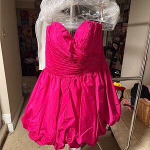 Jovani Strapless Short Bubble Dress (Fuchsia with Black Velvet Bow Detail)